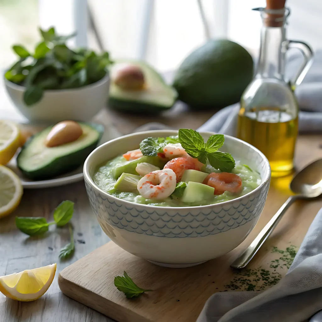 Crema Fría de Aguacate y Pepino con Langostinos