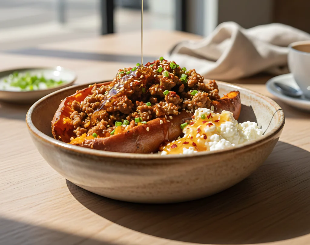 Bowl de batata dulce con carne, requesón y miel picante
